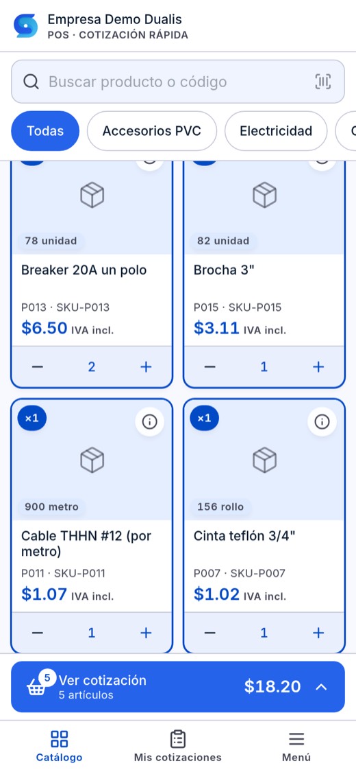 Punto de venta de Dualis en un celular con productos agregados